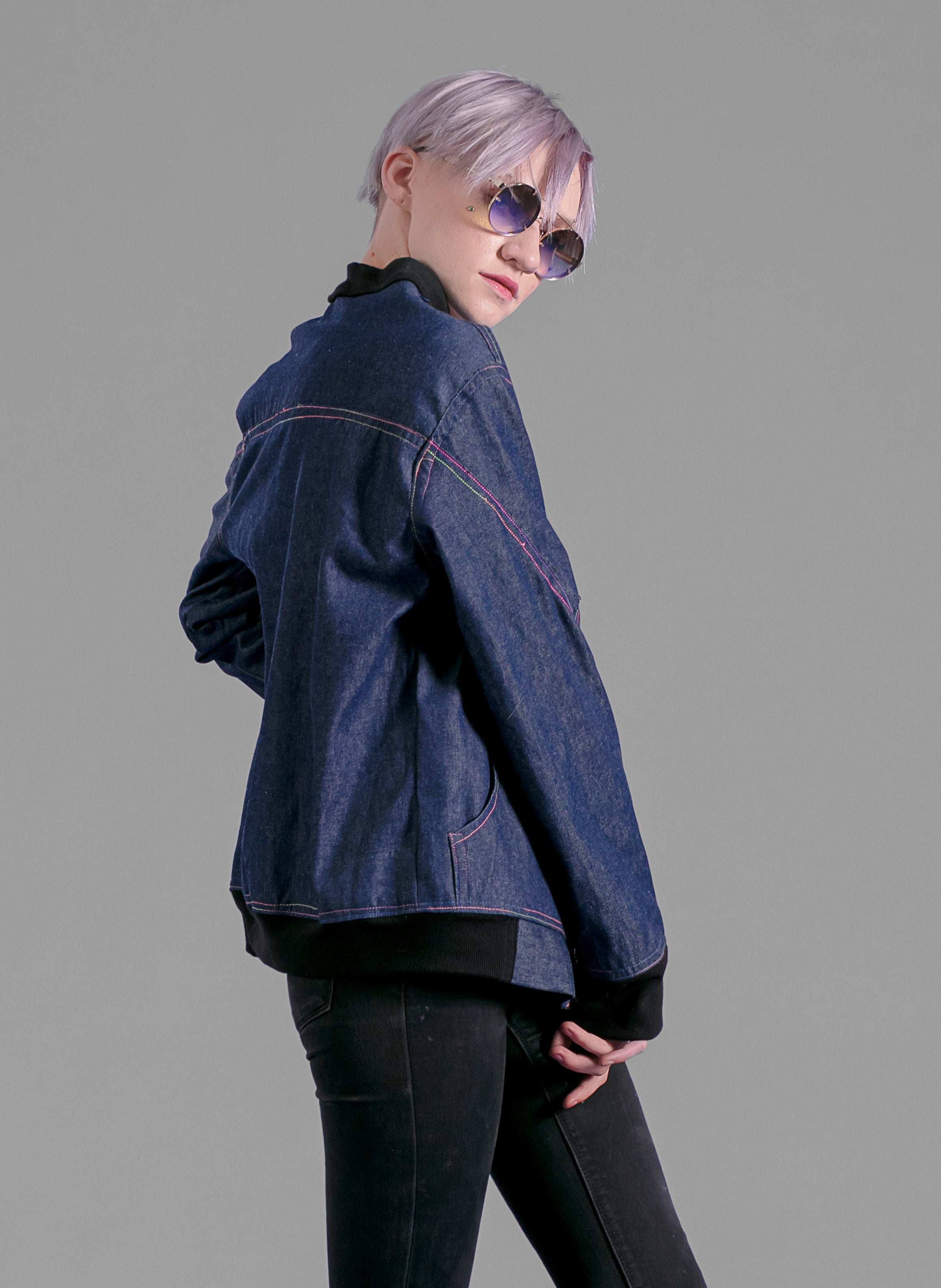 Over the rainbow dark denim bomber jacket | Unisex