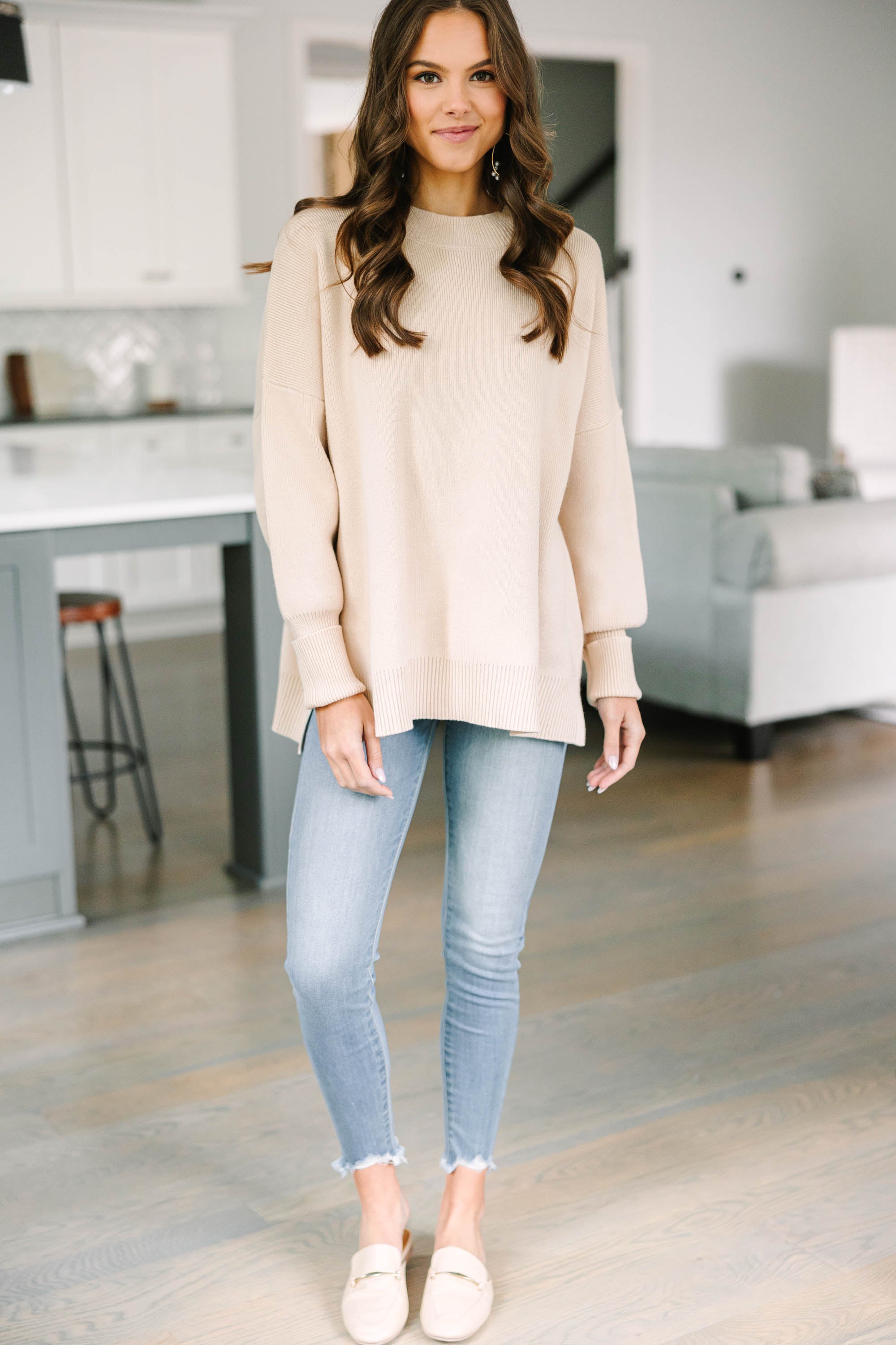 Perfectly You Taupe Brown Mock Neck Sweater