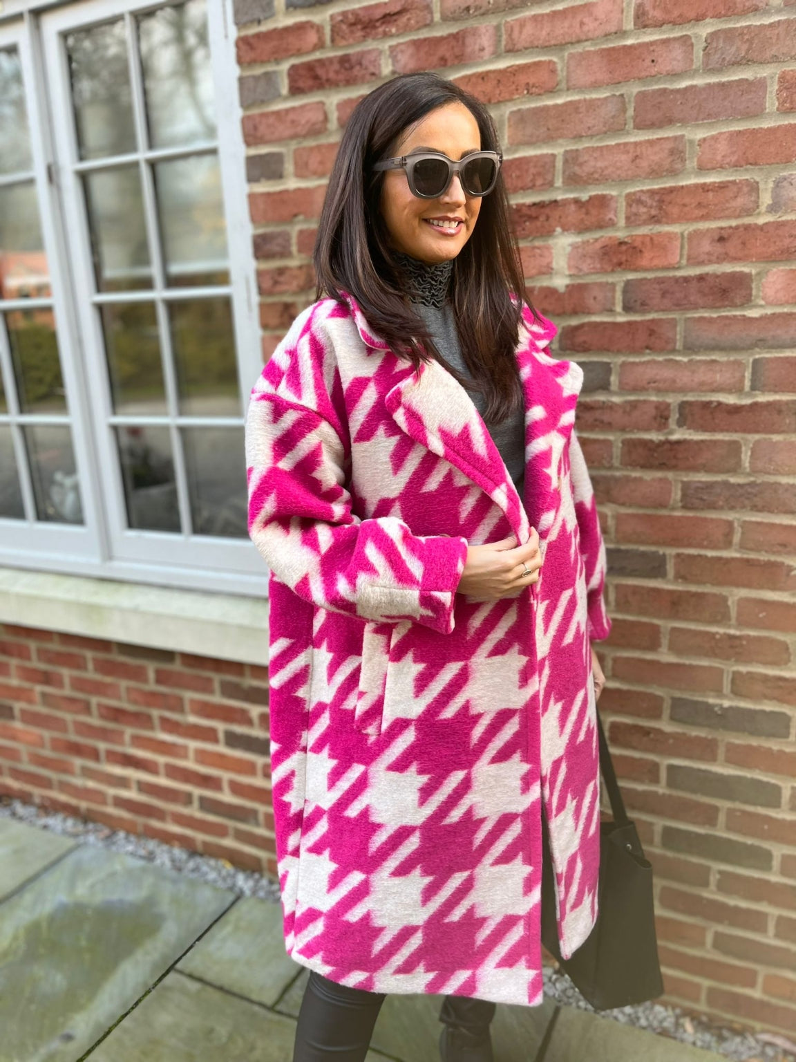 Pink Dogtooth Longline Coat