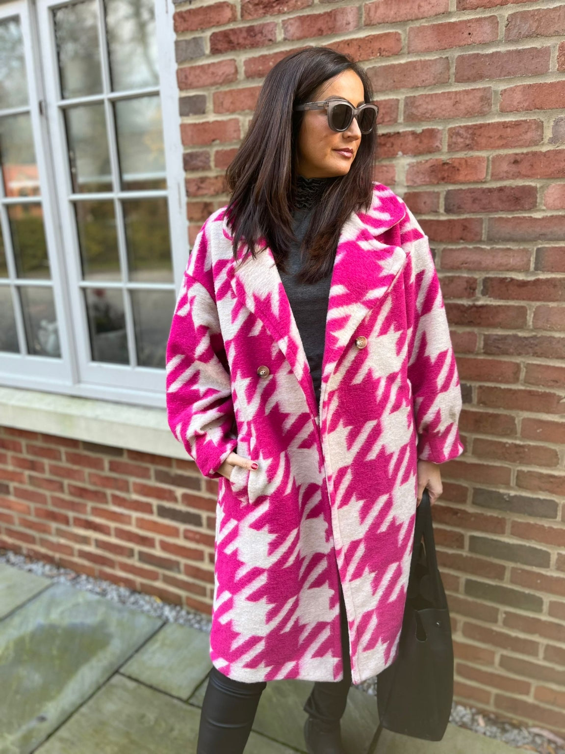 Pink Dogtooth Longline Coat