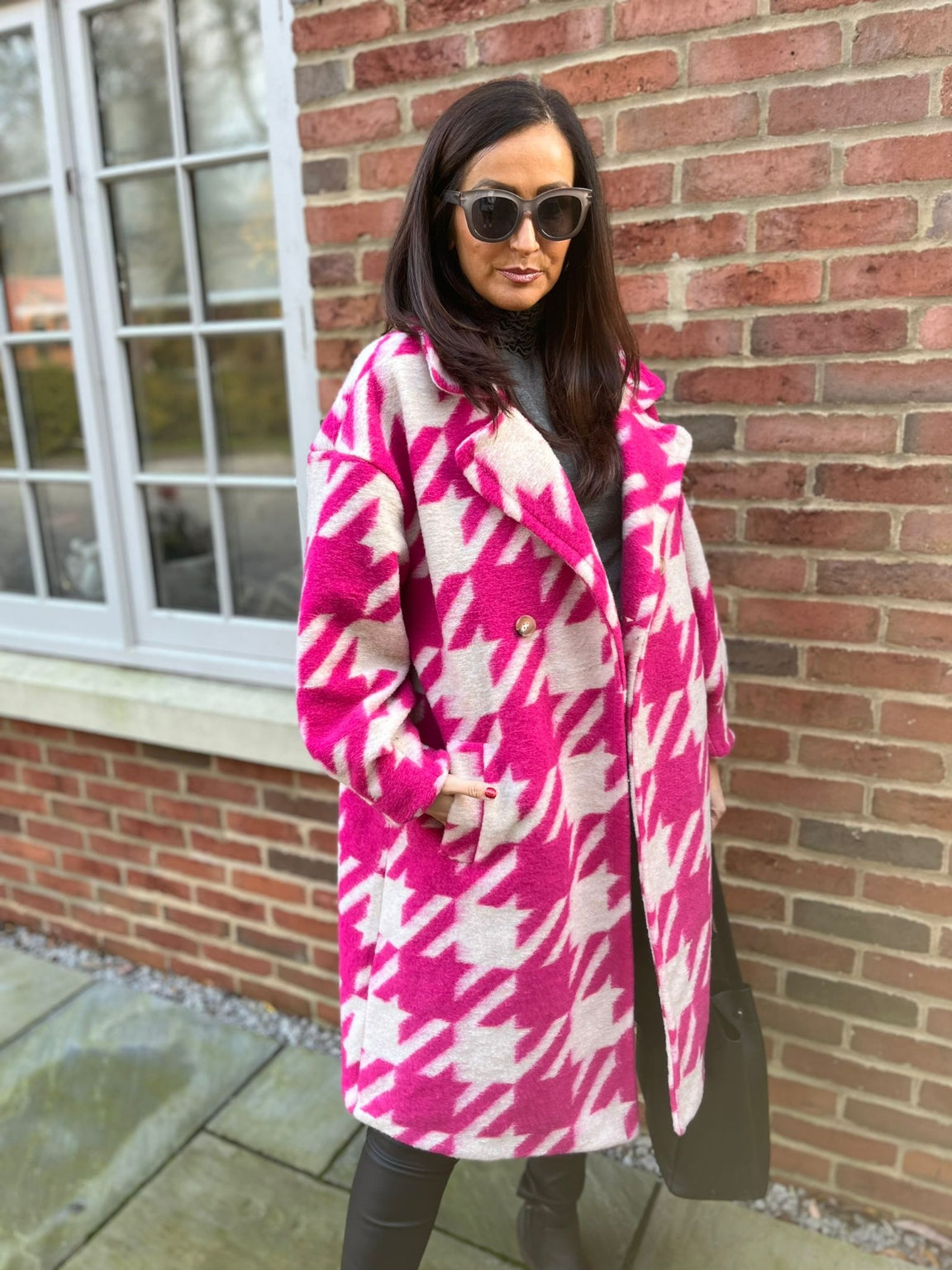 Pink Dogtooth Longline Coat