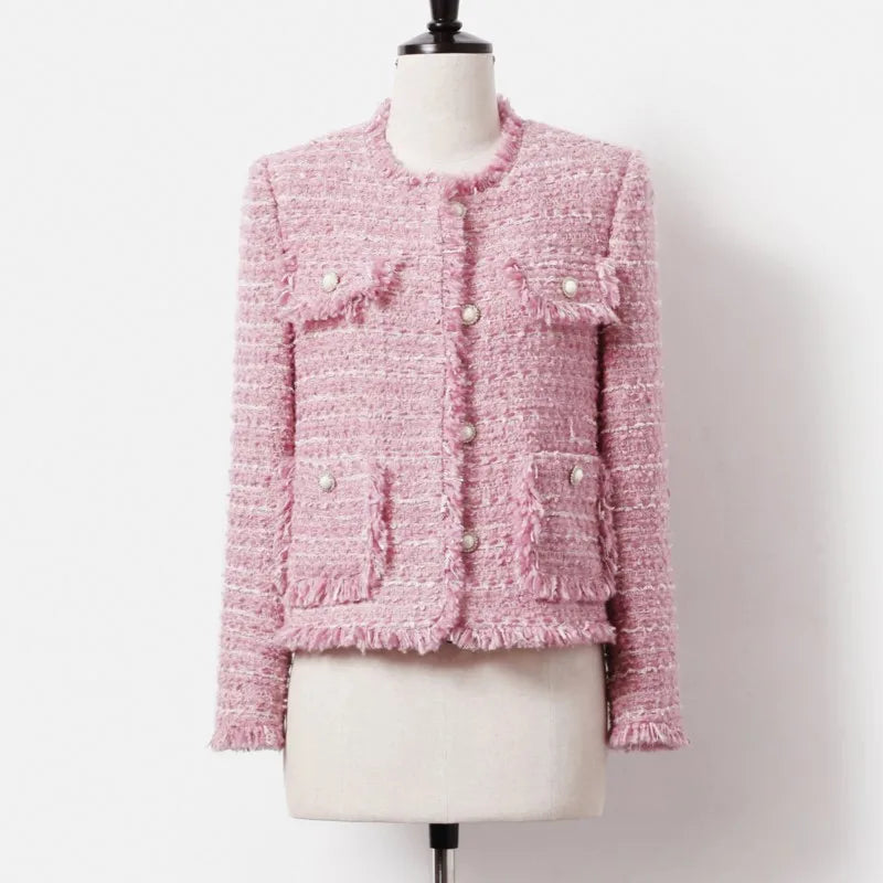 Pink Women's Coarse Tweed Jacket - Autumn/Winter Socialite Tassel Design