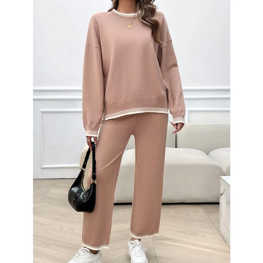 Round Neck Dropped Shoulder Top and Pants Sweater Set