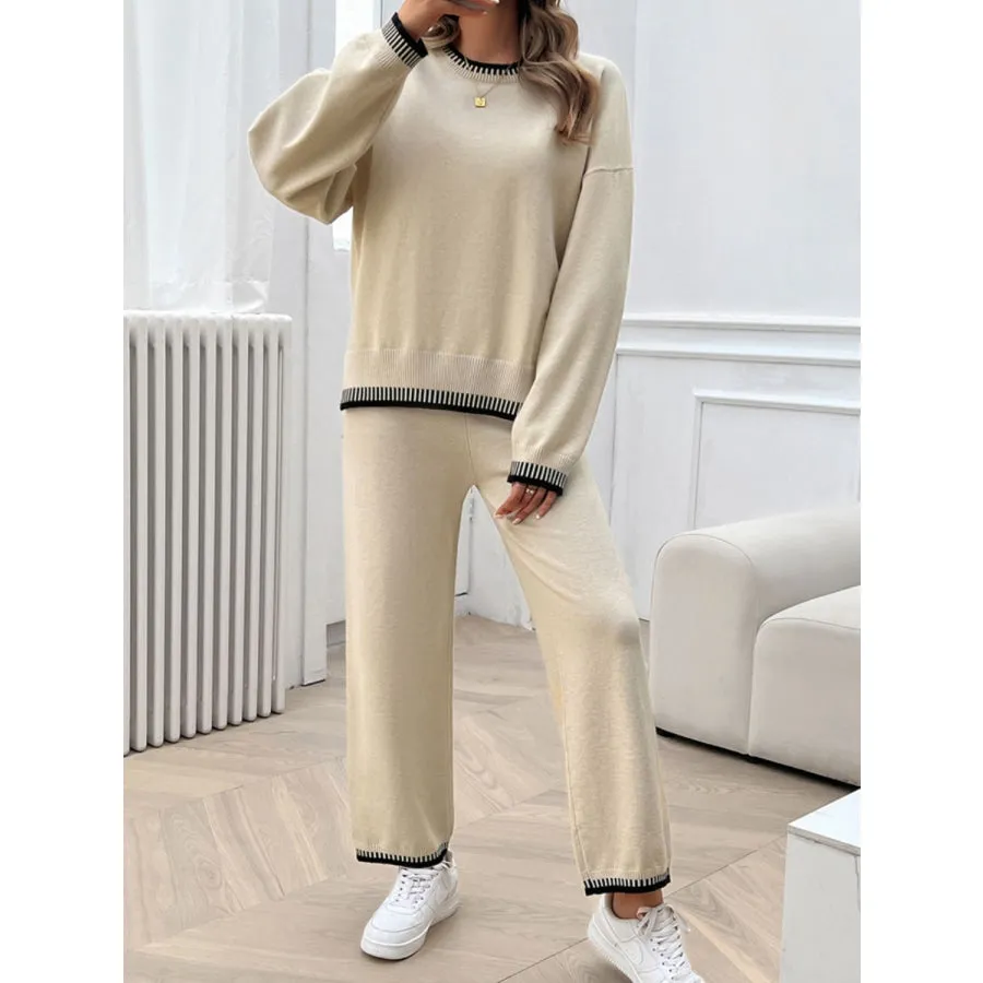 Round Neck Dropped Shoulder Top and Pants Sweater Set