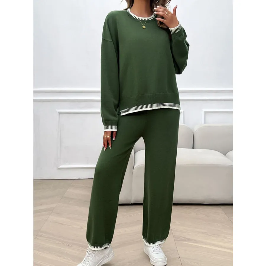 Round Neck Dropped Shoulder Top and Pants Sweater Set