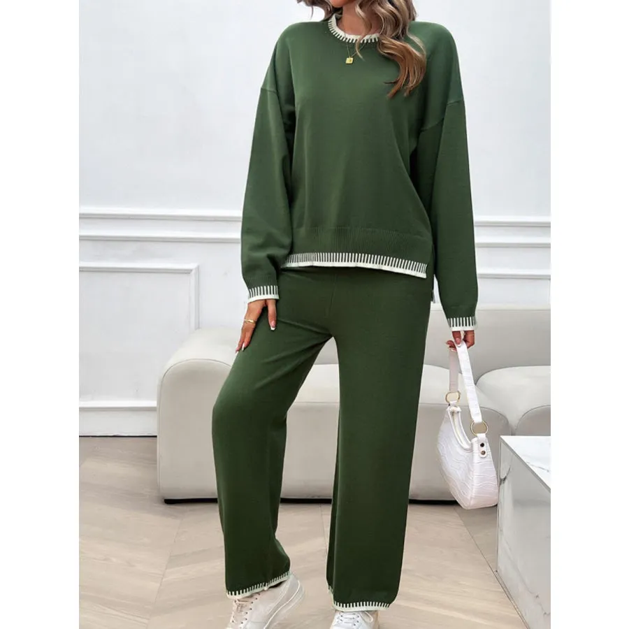 Round Neck Dropped Shoulder Top and Pants Sweater Set