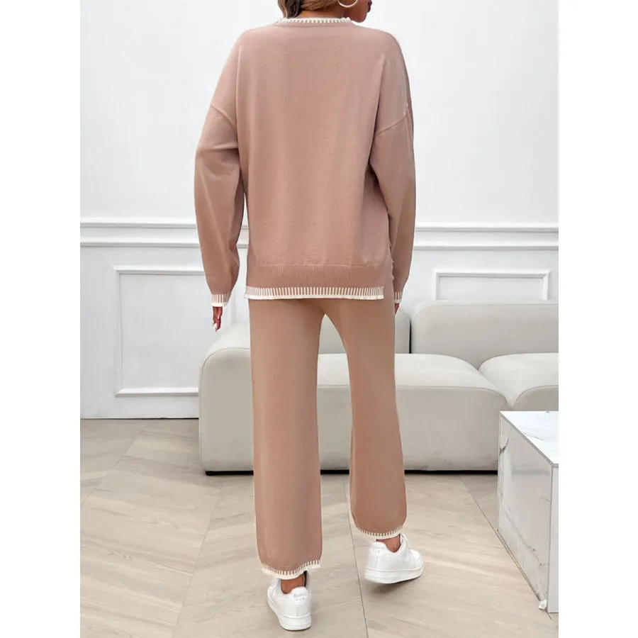 Round Neck Dropped Shoulder Top and Pants Sweater Set