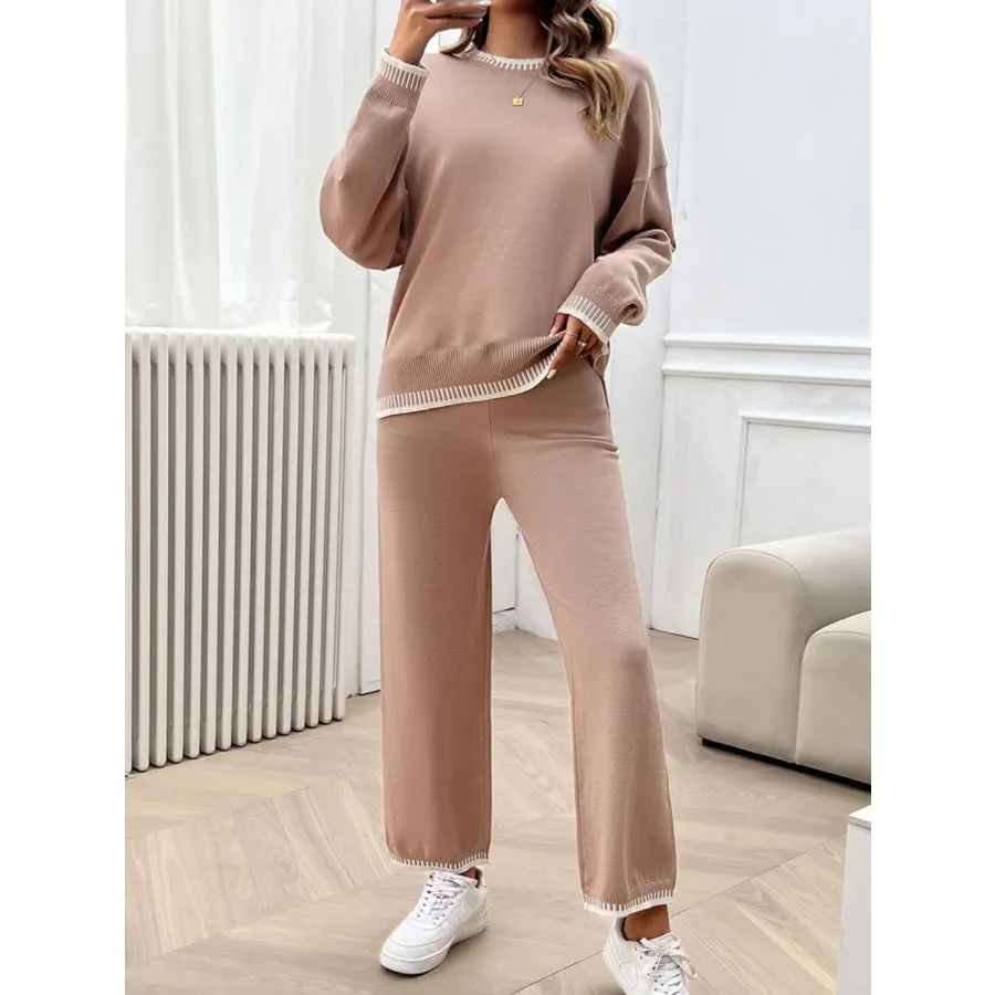 Round Neck Dropped Shoulder Top and Pants Sweater Set