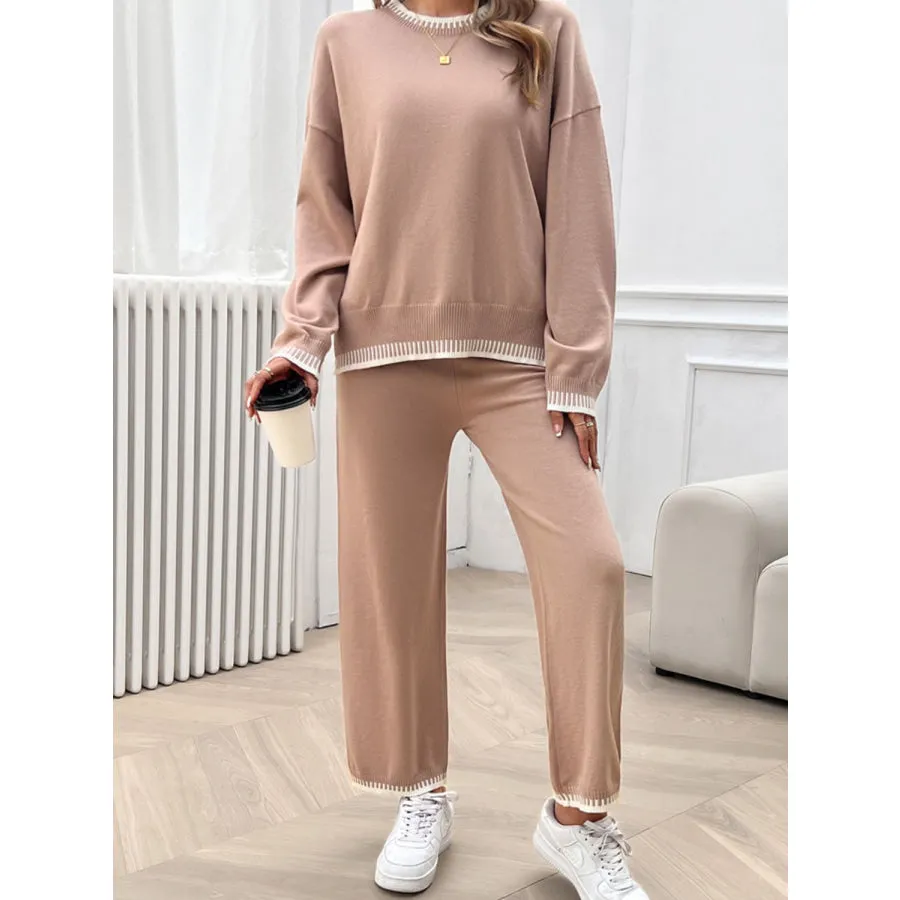 Round Neck Dropped Shoulder Top and Pants Sweater Set