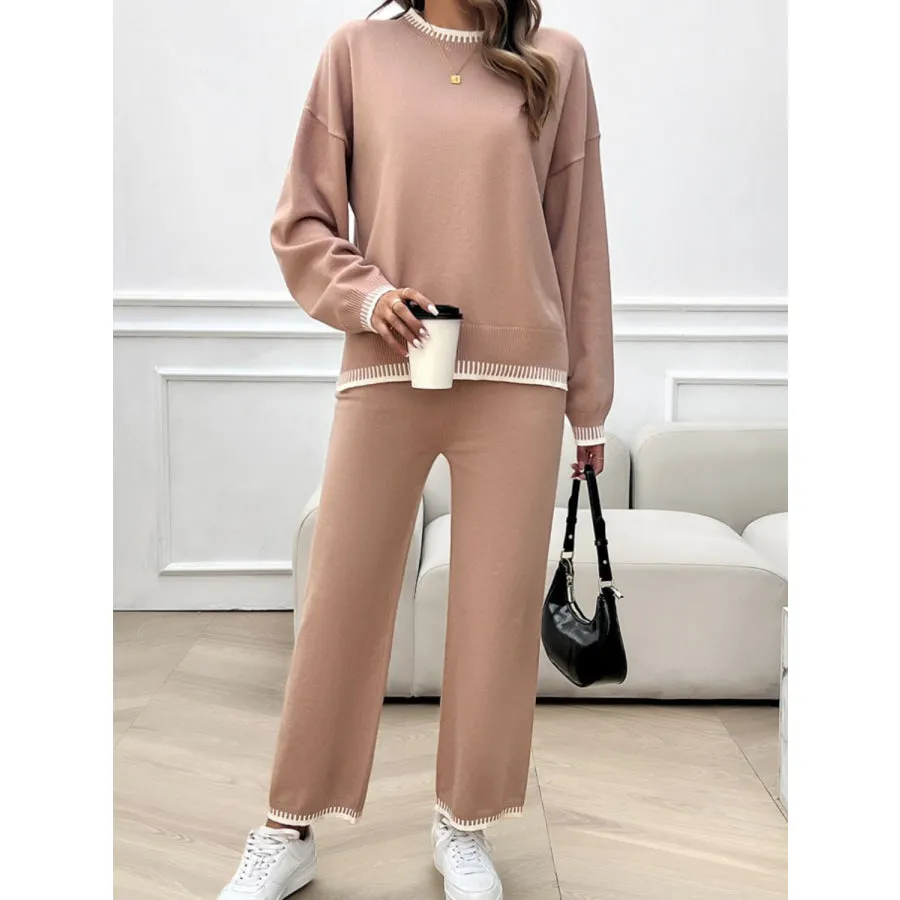 Round Neck Dropped Shoulder Top and Pants Sweater Set