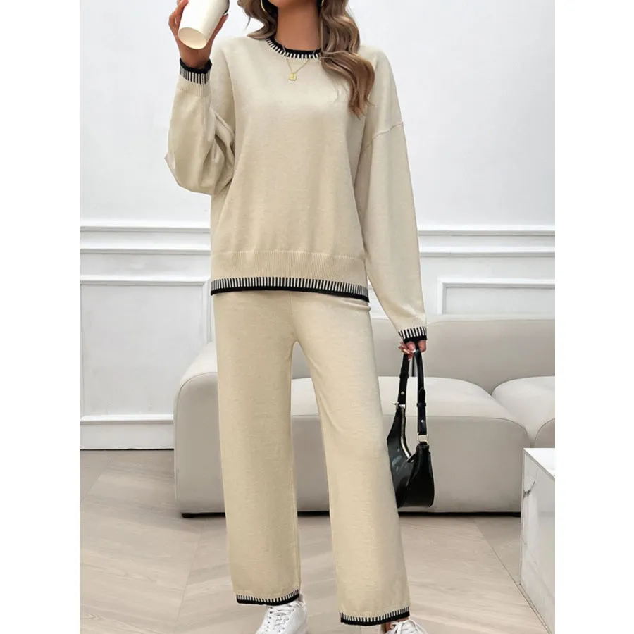 Round Neck Dropped Shoulder Top and Pants Sweater Set