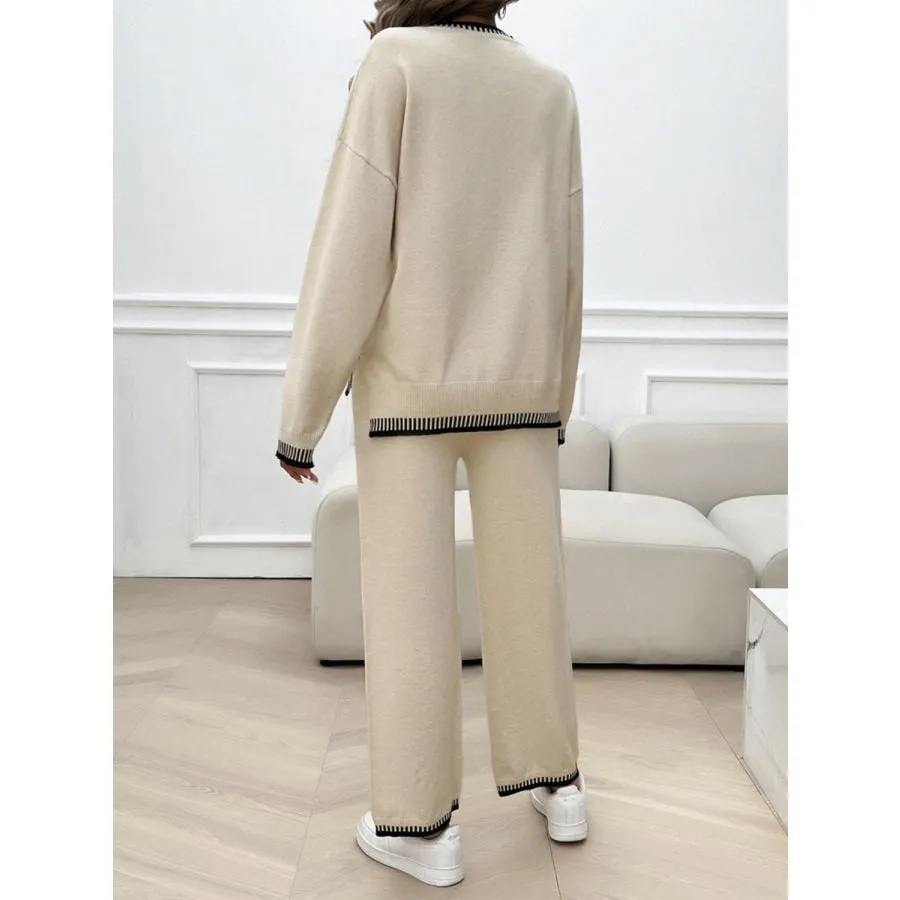 Round Neck Dropped Shoulder Top and Pants Sweater Set