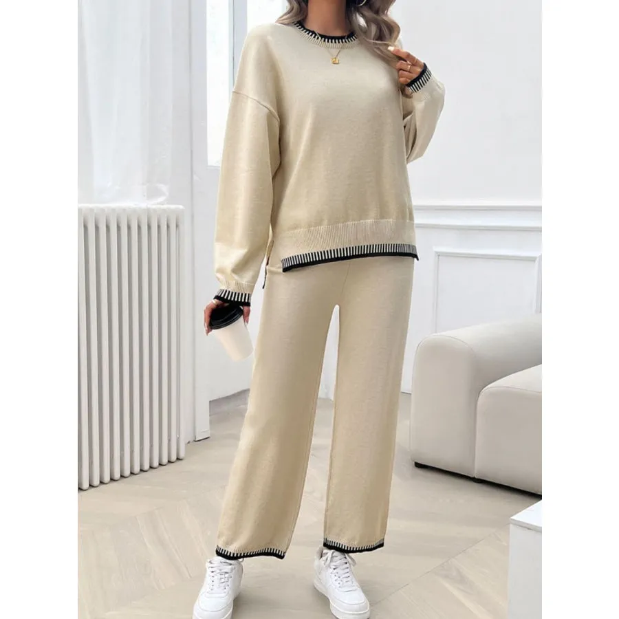 Round Neck Dropped Shoulder Top and Pants Sweater Set