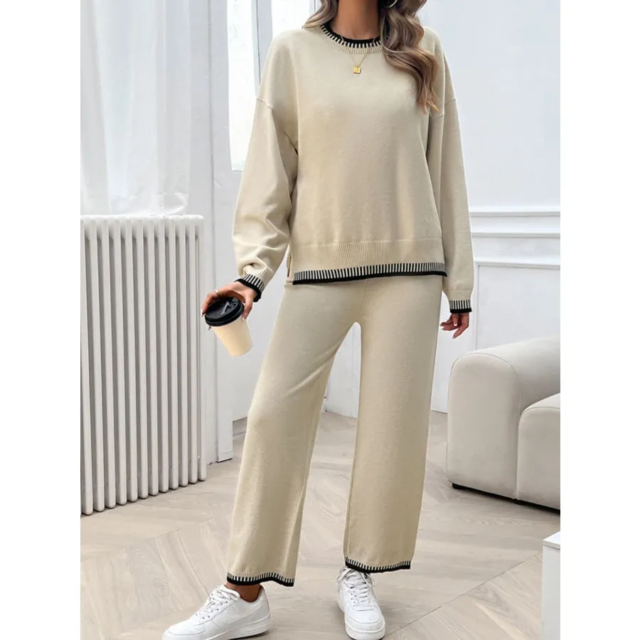 Round Neck Dropped Shoulder Top and Pants Sweater Set