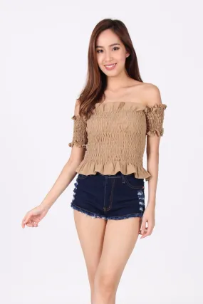 Smocked Ruffles Off Shoulder Top in Brown