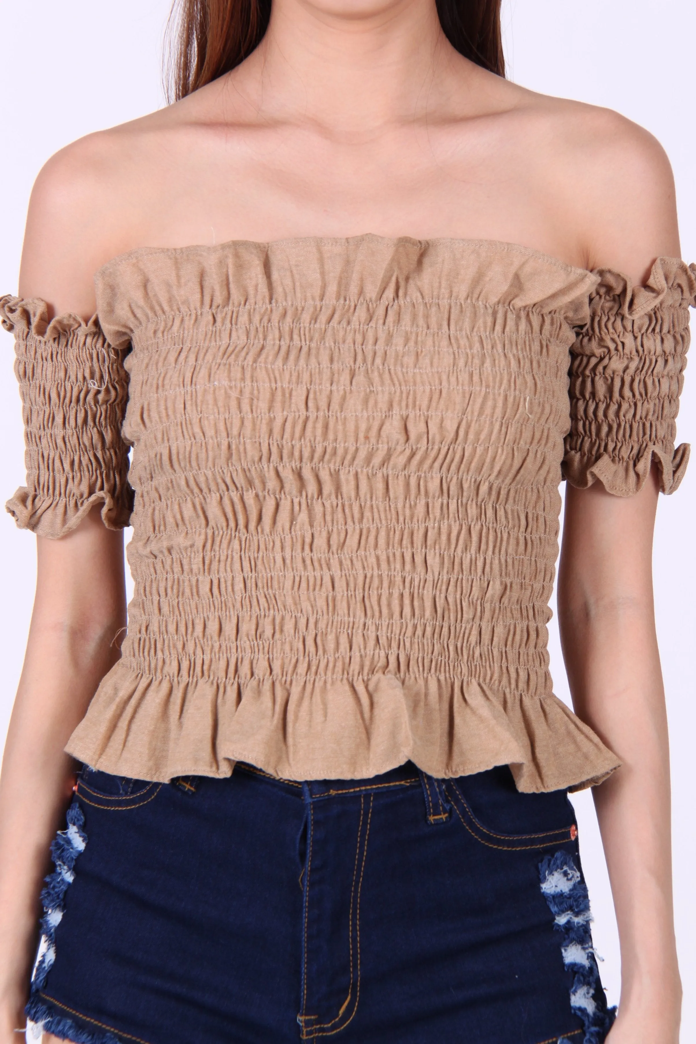 Smocked Ruffles Off Shoulder Top in Brown