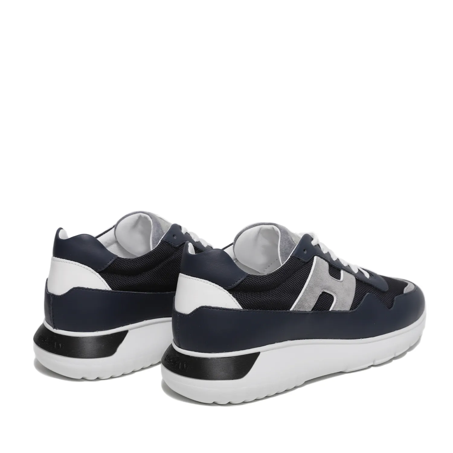 Sneakers Interactive³ in pelle e tessuto tecnico blu con H laterale scamosciata grigia