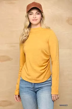 Solid And Cozy Soft Knit Mock Neck Top With Side Ruched Detail