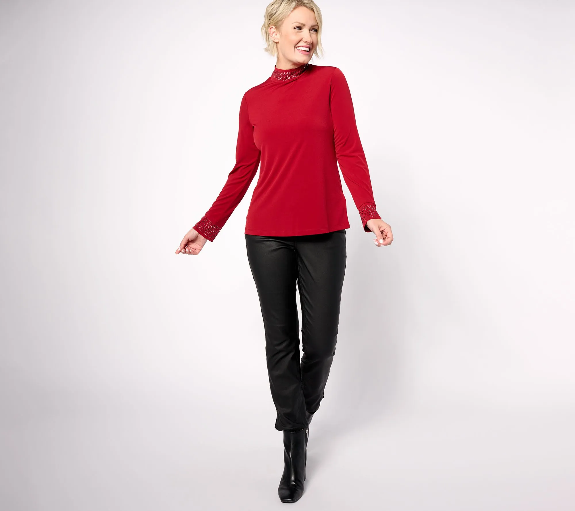 Susan Graver Occasions Liquid Knit Embellished Mock-Neck Top