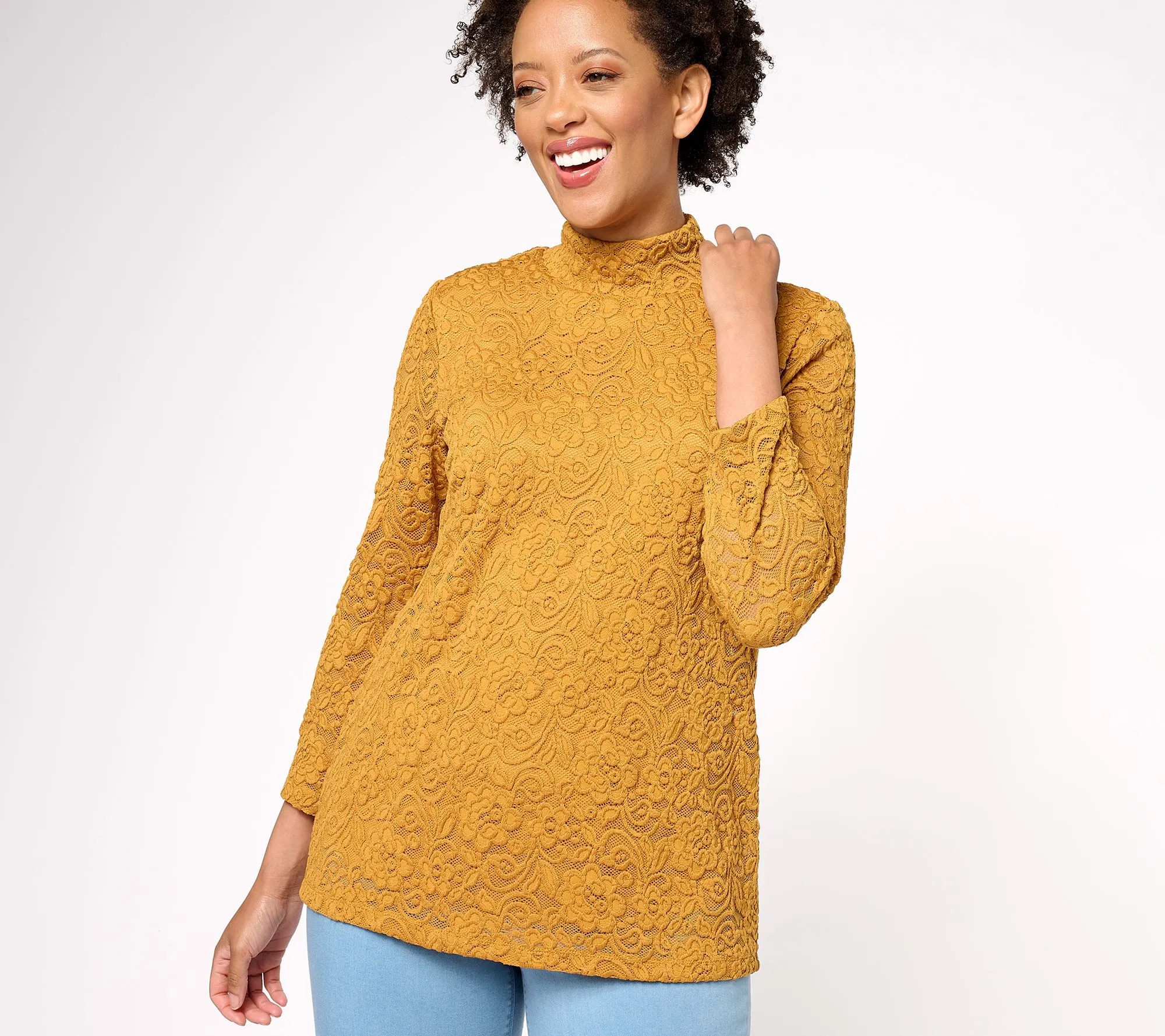 Susan Graver OCCASIONS Stretch Lace Mock-Neck 3/4-Sleeve Top