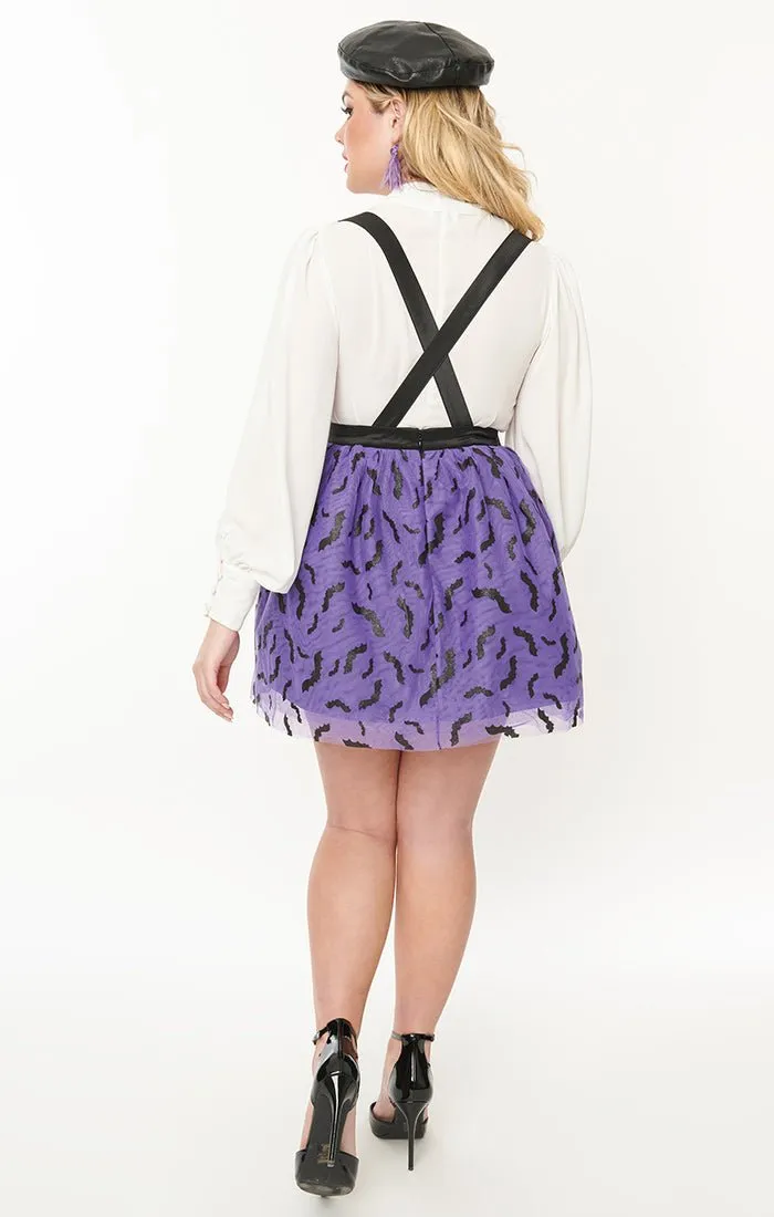 Unique Vintage Purple & Black Glitter Bat Print Tulle Suspender Mini Skirt