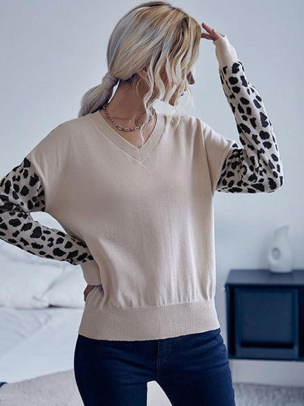 V-Neck Knitted Sweater Top Women With Wild Print Sleeves