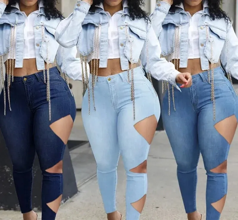 Women's Streetwear Ripped Asymmetrical Cut Hole Skinny Jeans