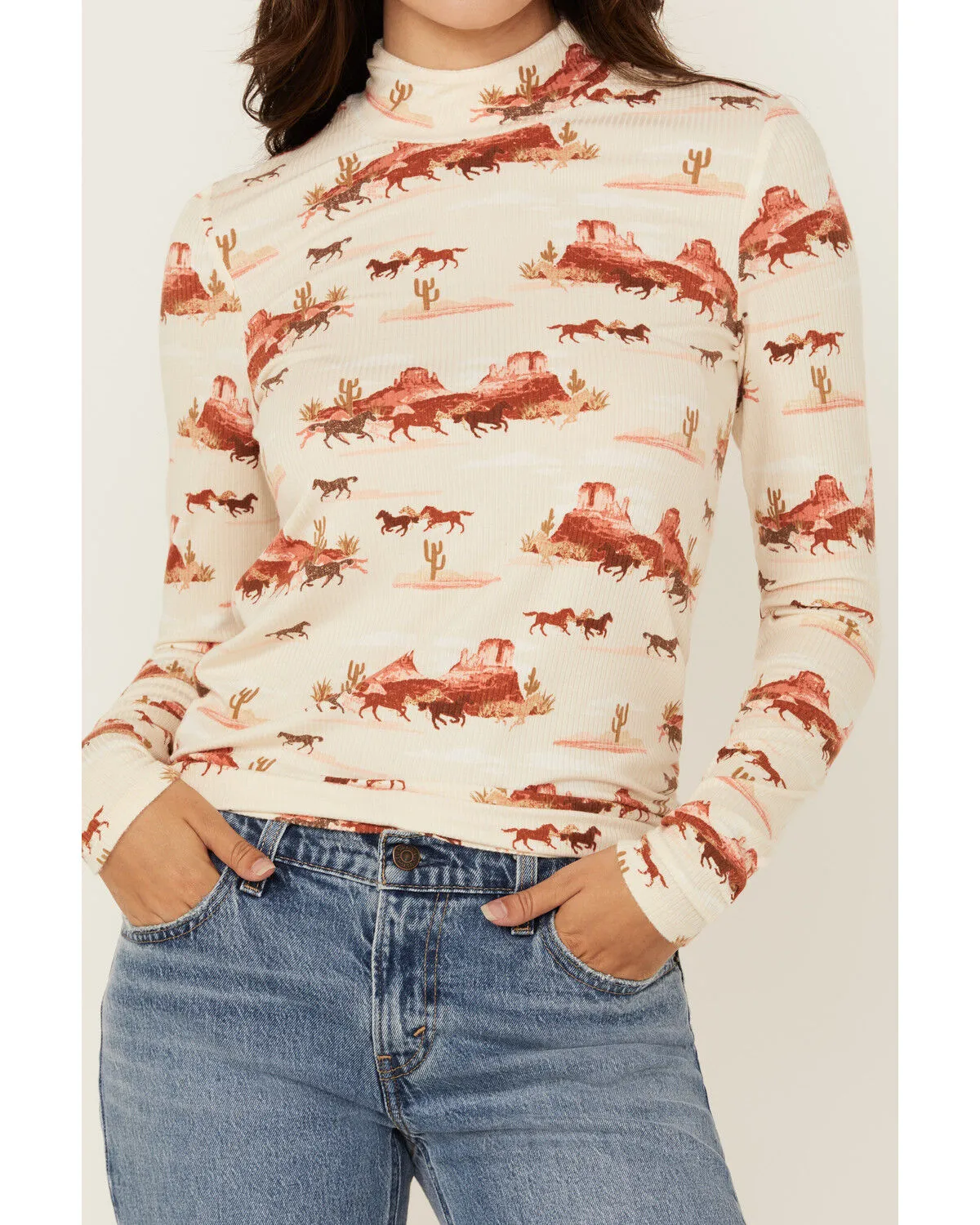 Wrangler Retro Women's Desert Print Long Sleeve Mock Neck Shirt